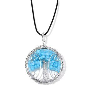 Aquamarine Tree of Life Pendant in Silvertone with Leather Necklace (24 Inches)